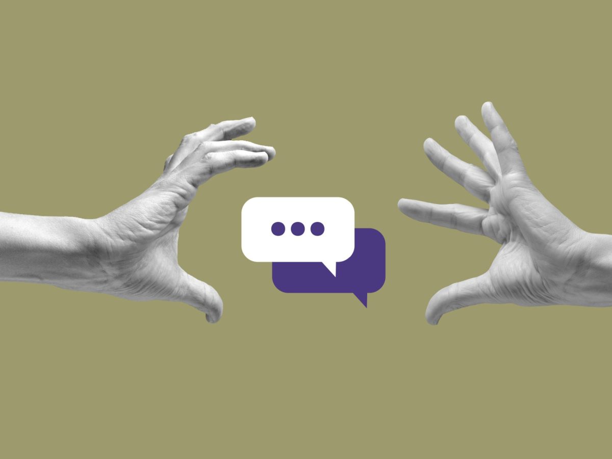 Two hands reaching toward each other, with two speech bubbles in between them reading "..."