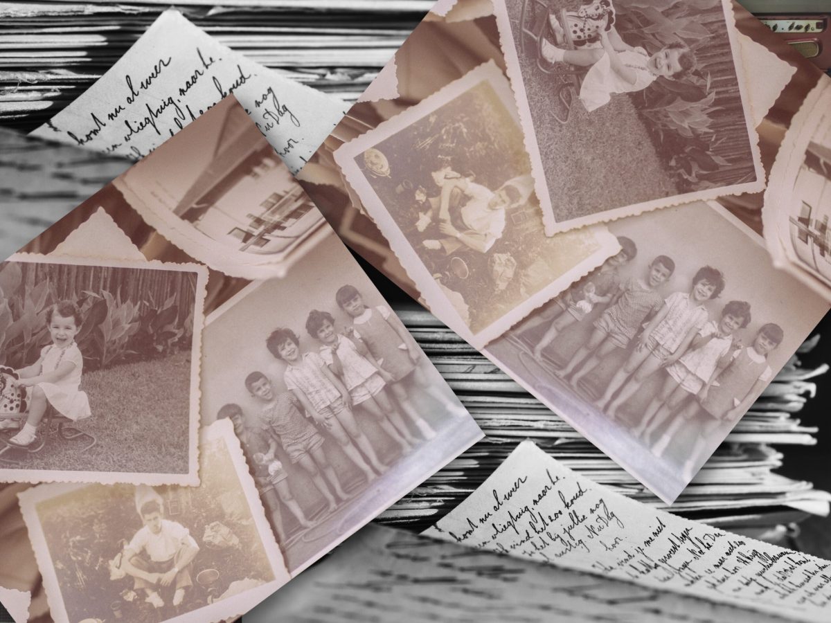 collage of archived materials, from handwritten letters to vintage photographs