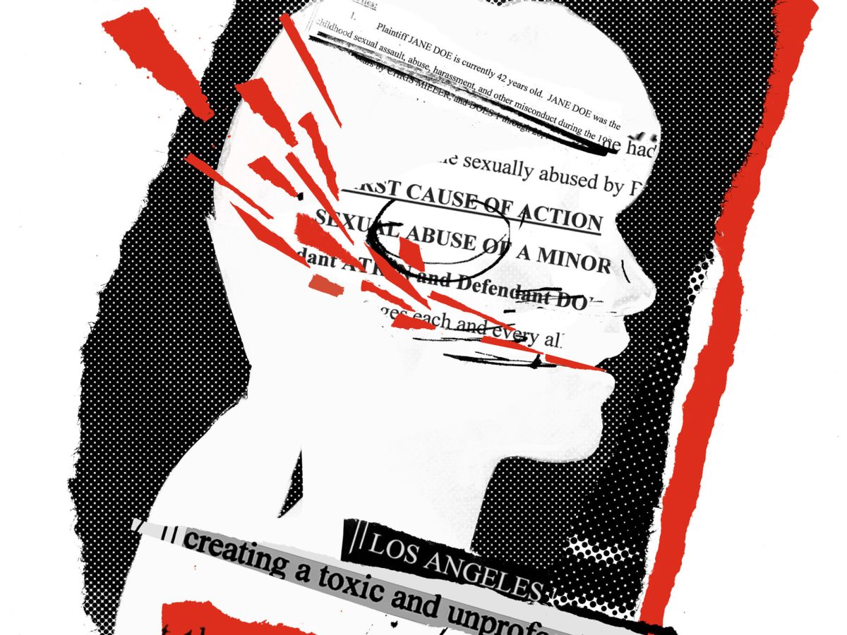 Newspaper collage-like illustration with the silhouette of a head, with legal text included inside.