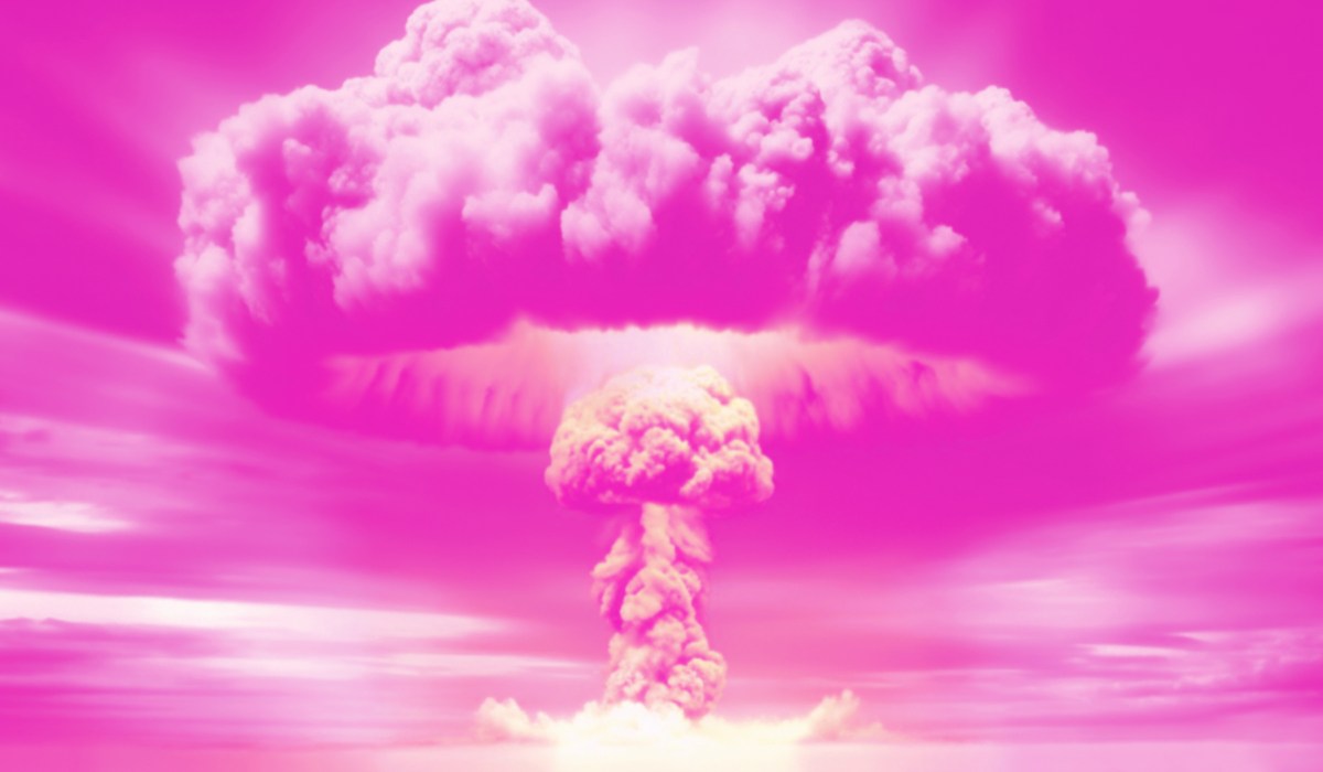 A nuclear mushroom cloud, colored hot pink
