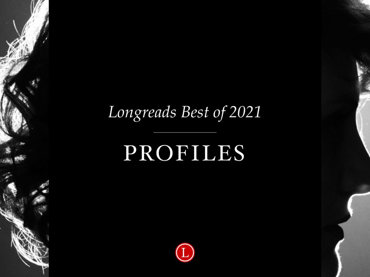 Text "Longreads Best of 2021: Profiles" in the foreground and a background image of a silhouette of a person's head