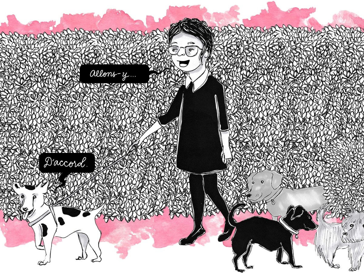 Illustrator Kate Gavino walks a group of dogs in Paris and speaks in French when giving commands.