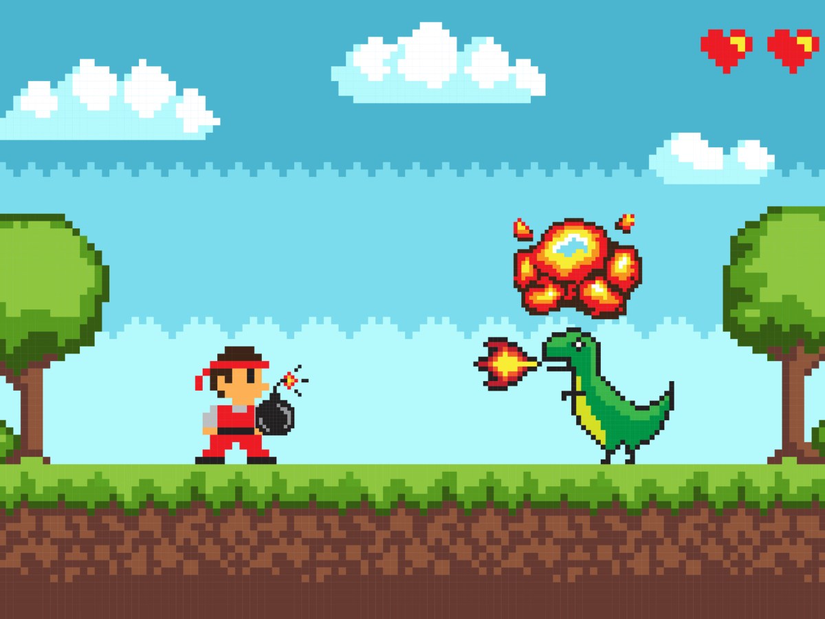 Pixel art game, design in 8 bit style character fighting against dragon with fire vector. Health lives points, man battle with dangerous creature