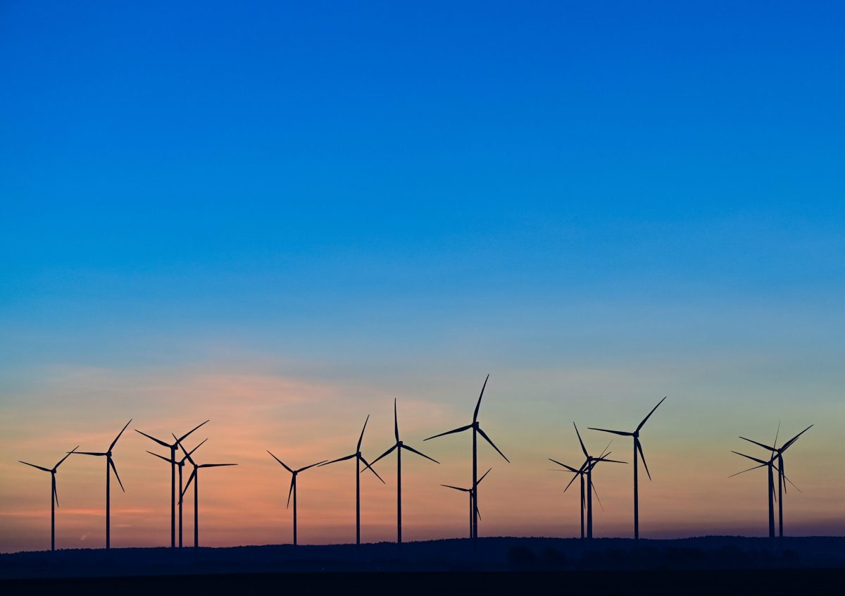 A field of wind turbines just before sunrise