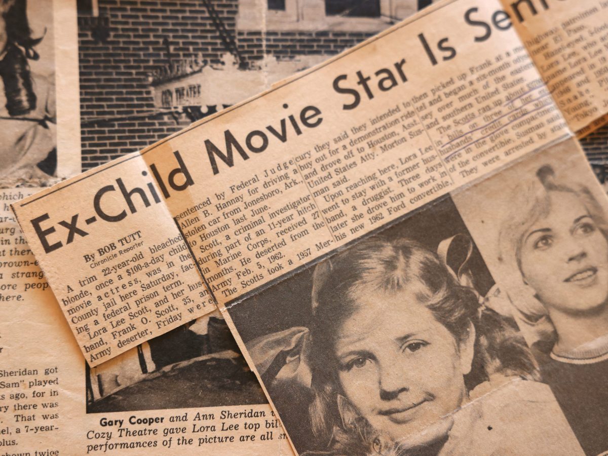 A yellowed newspaper clipping about the former child star Lora Lee Michel.