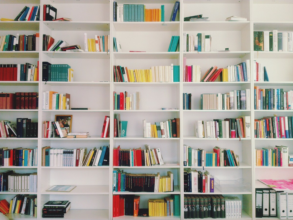 A large white bookshelf, most shelves only sparsely populated