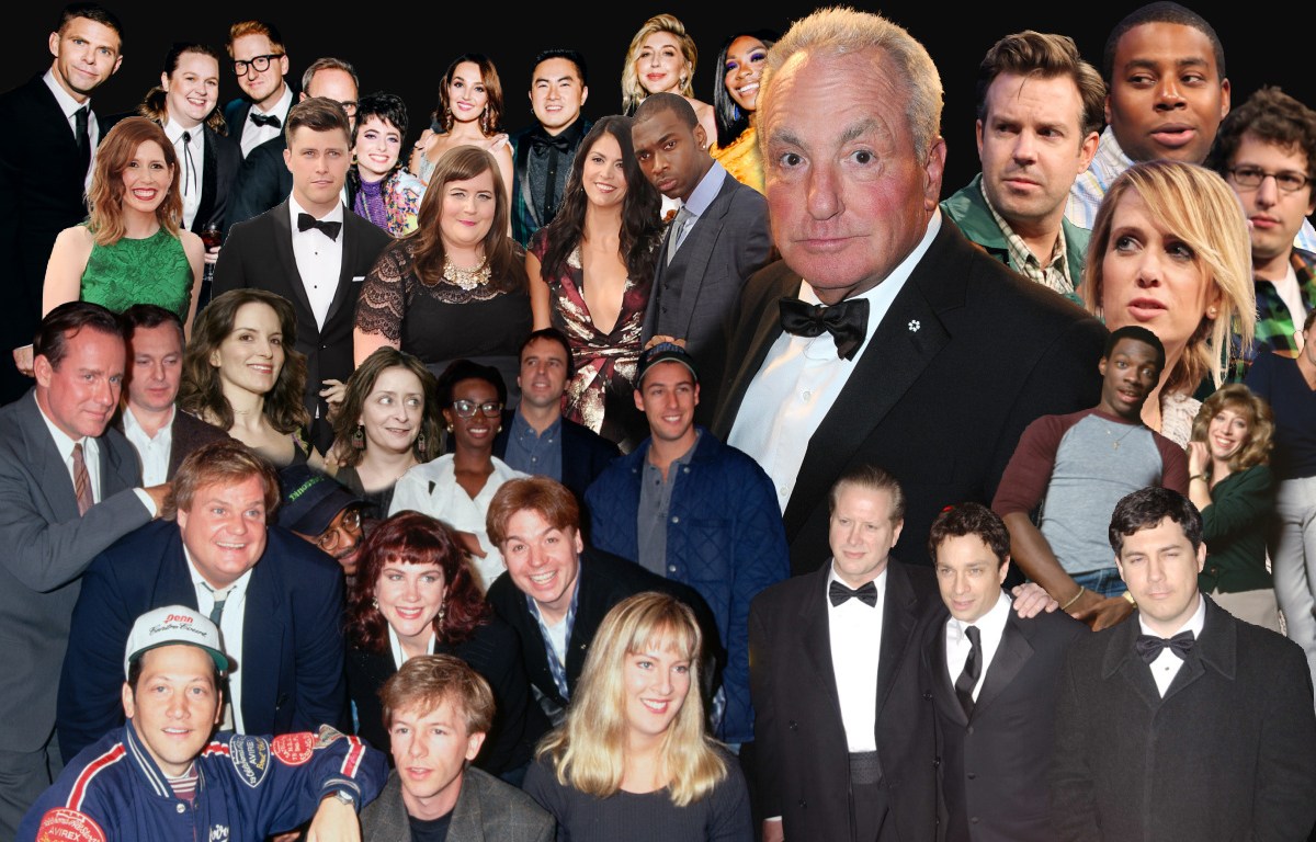 Television producer Lorne Michaels, surrounded by dozens of "Saturday Night Live" alumni.