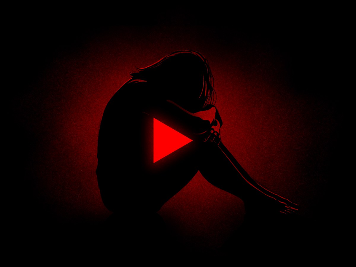 abstract black and red illustration of a human figure in upright fetal position with a YouTube arrow on top of the body silhouette