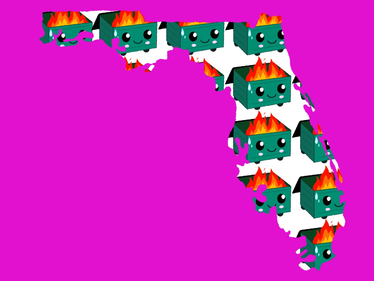 A map of Florida, filled with tiny cartoon dumpster fires.