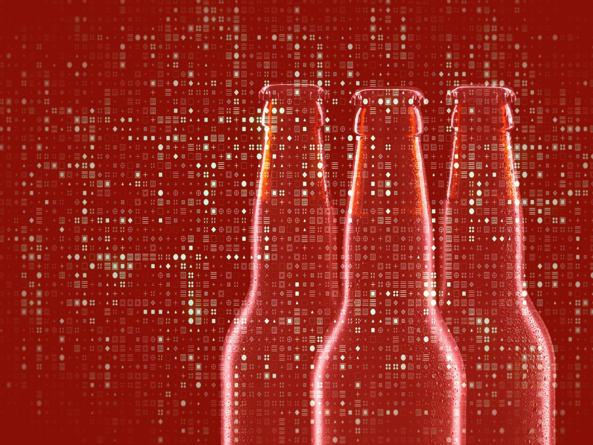 Illustration of three beer bottles blended against an abstract digital futuristic background