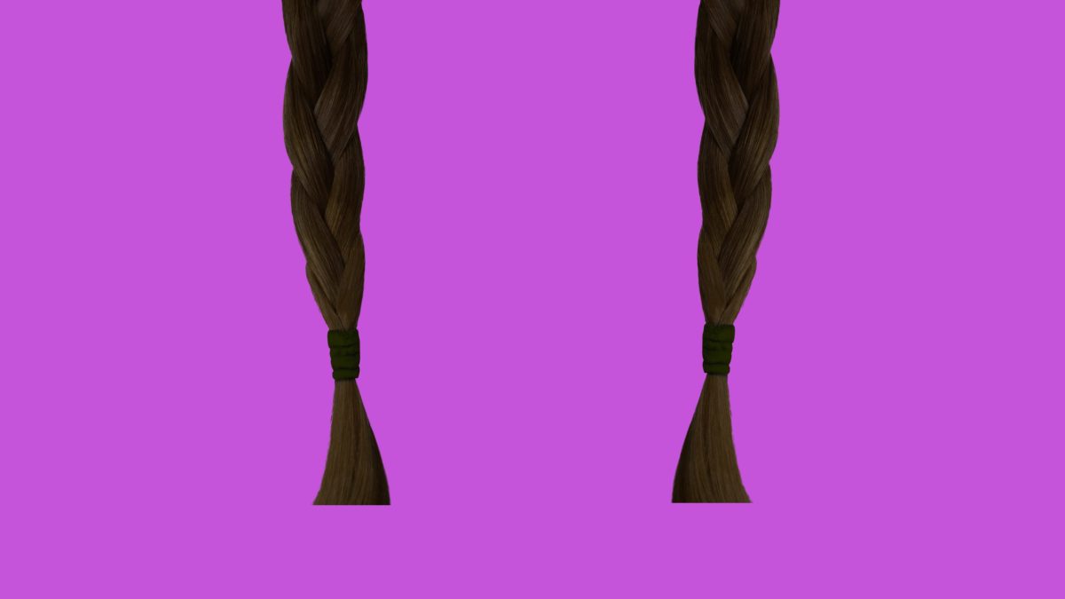 Two long black braids hanging on a light purple background