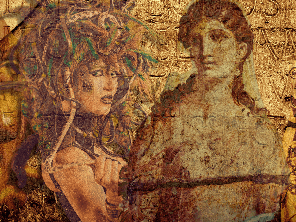 Images of four classical women with a gold background.