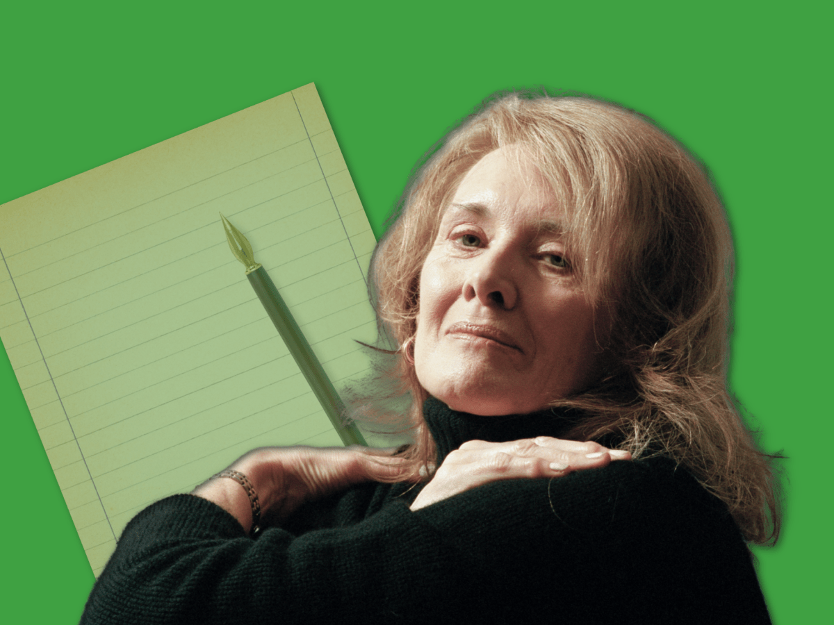 Author Annie Ernaux against a green background.