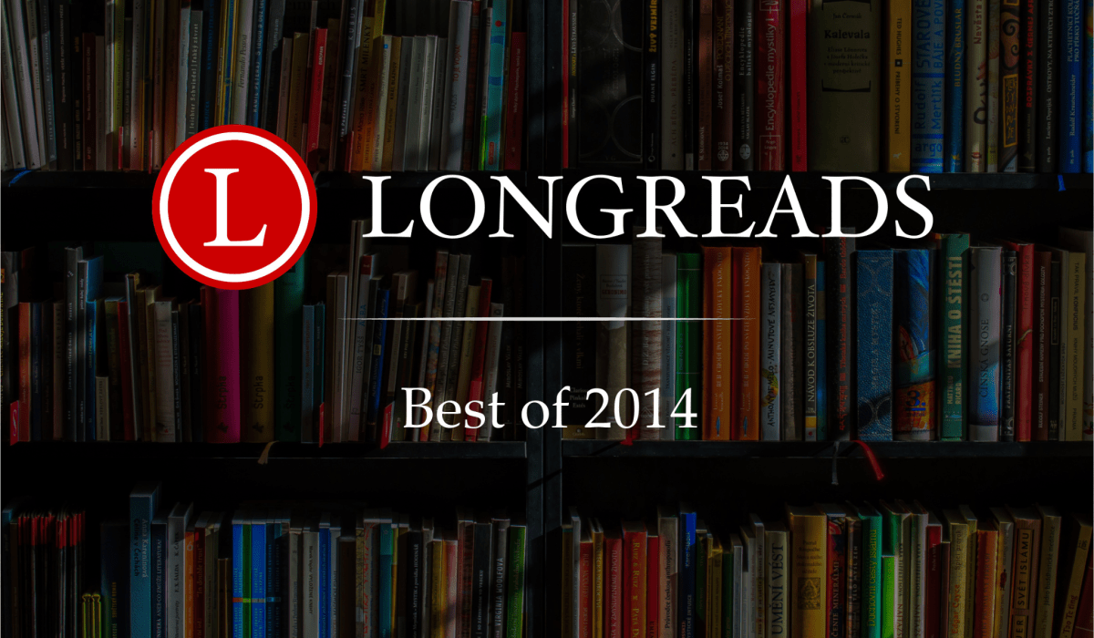 Graphic that reads Longreads best of 2014 with background image of colorful books on shelves