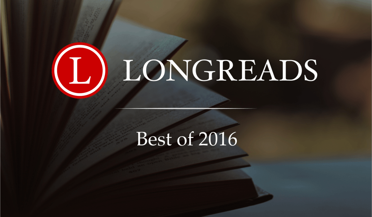 Graphic that reads Longreads Best of 2016 with an open book in the background