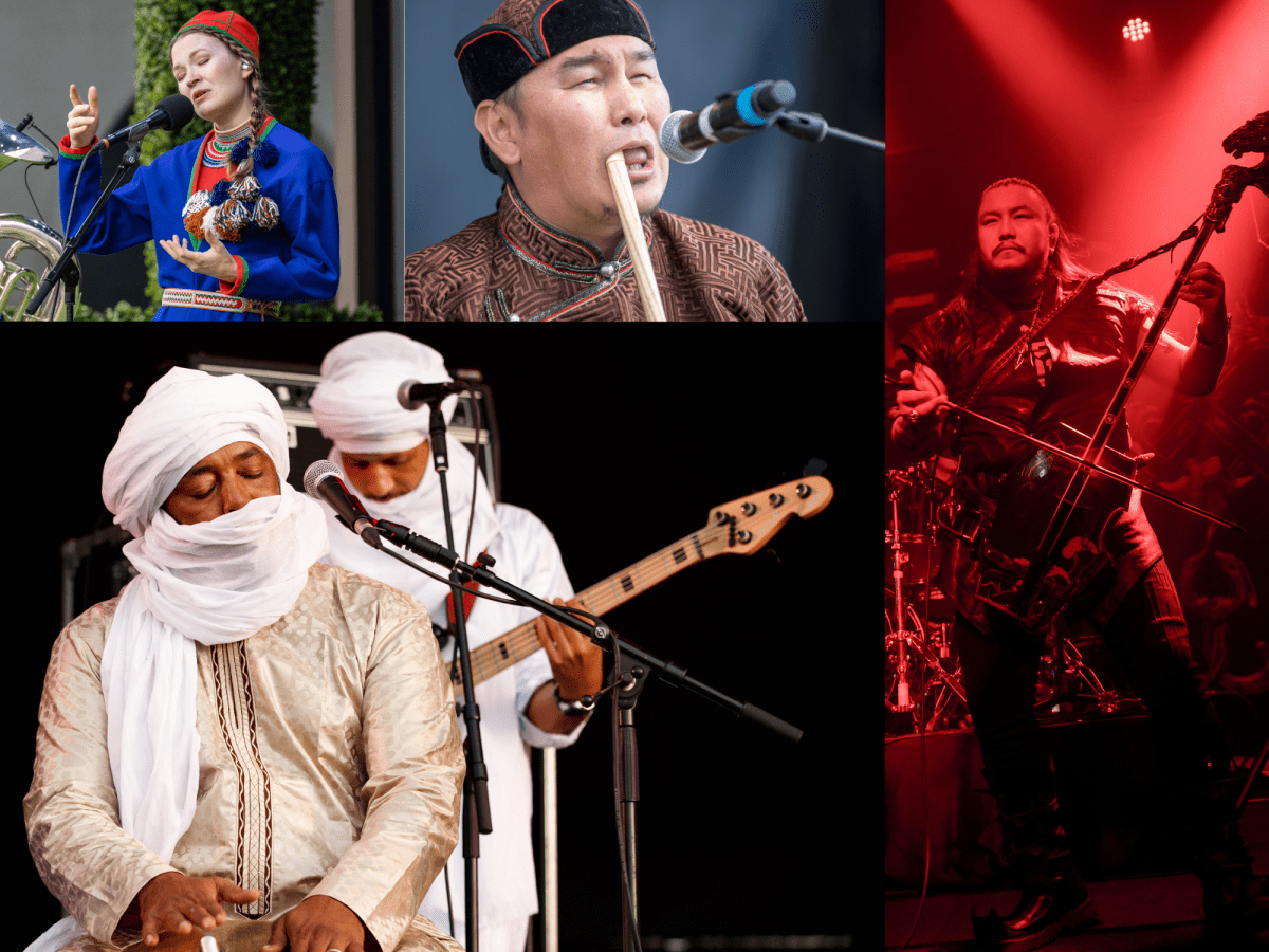 A collage of global folk musicians — from Finland, Tibet, Mongolia, and Mali — all performing in traditional dress.
