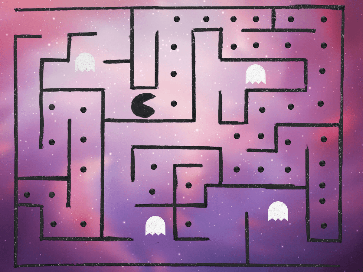 Illustration of Pac-Man arcade game maze against a cosmic purple background