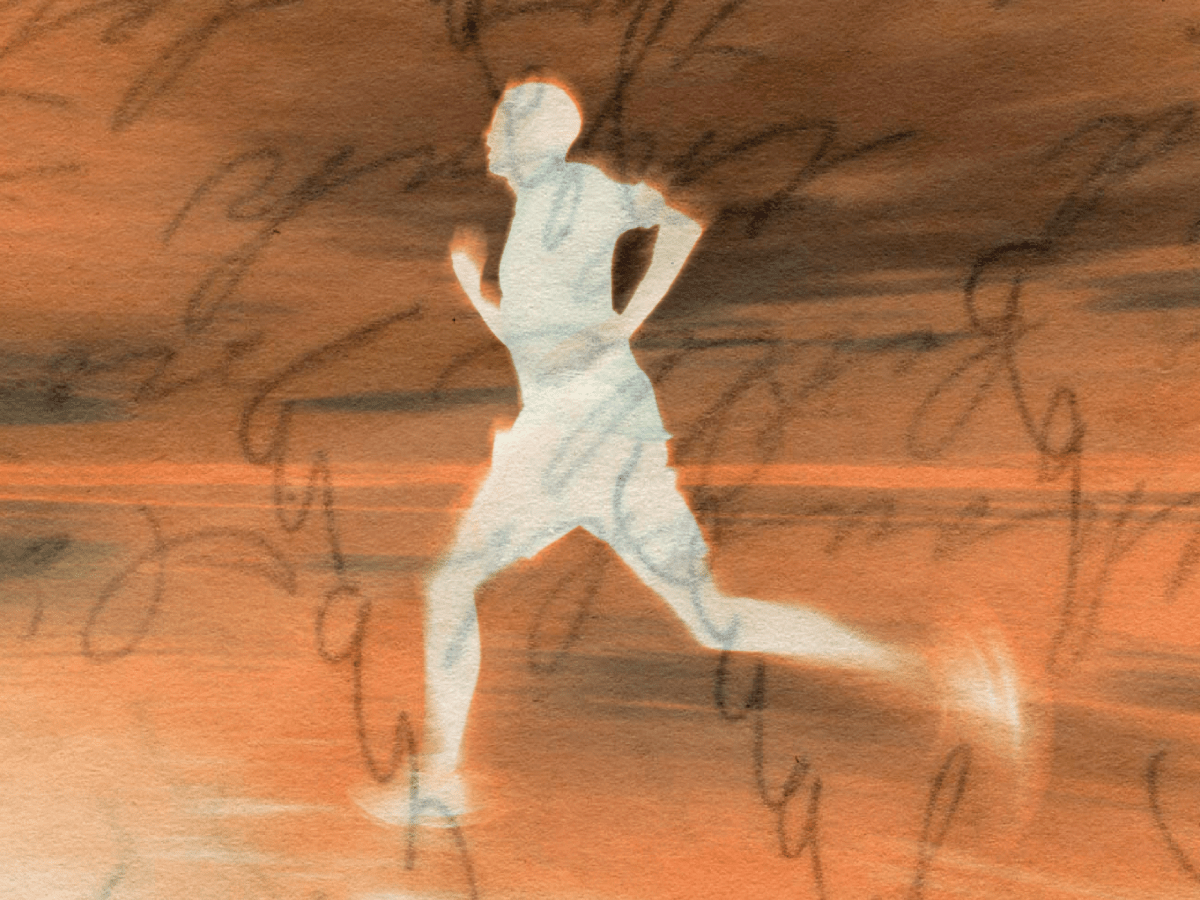 illustration of moving runner against a brown and orange watercolor wash background