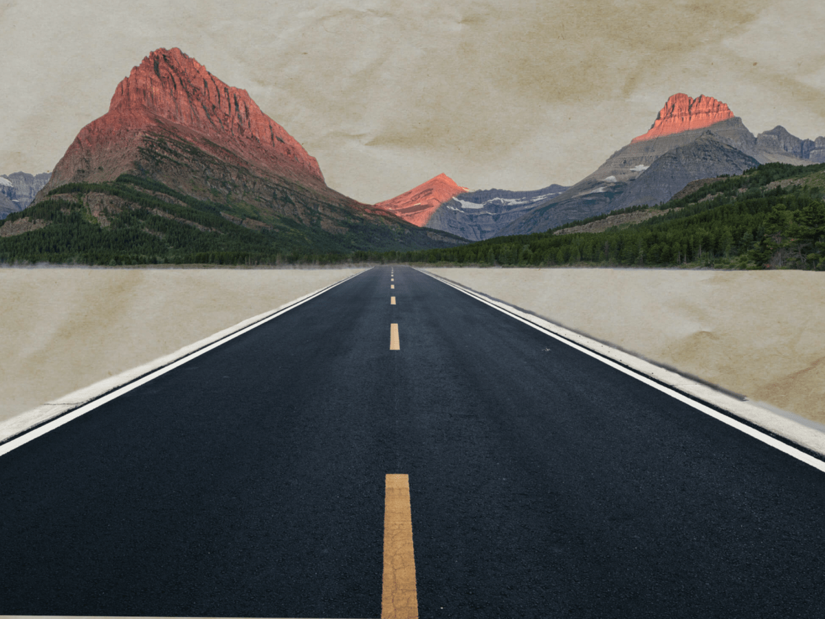 illustration of a road and mountains against a textured paper background